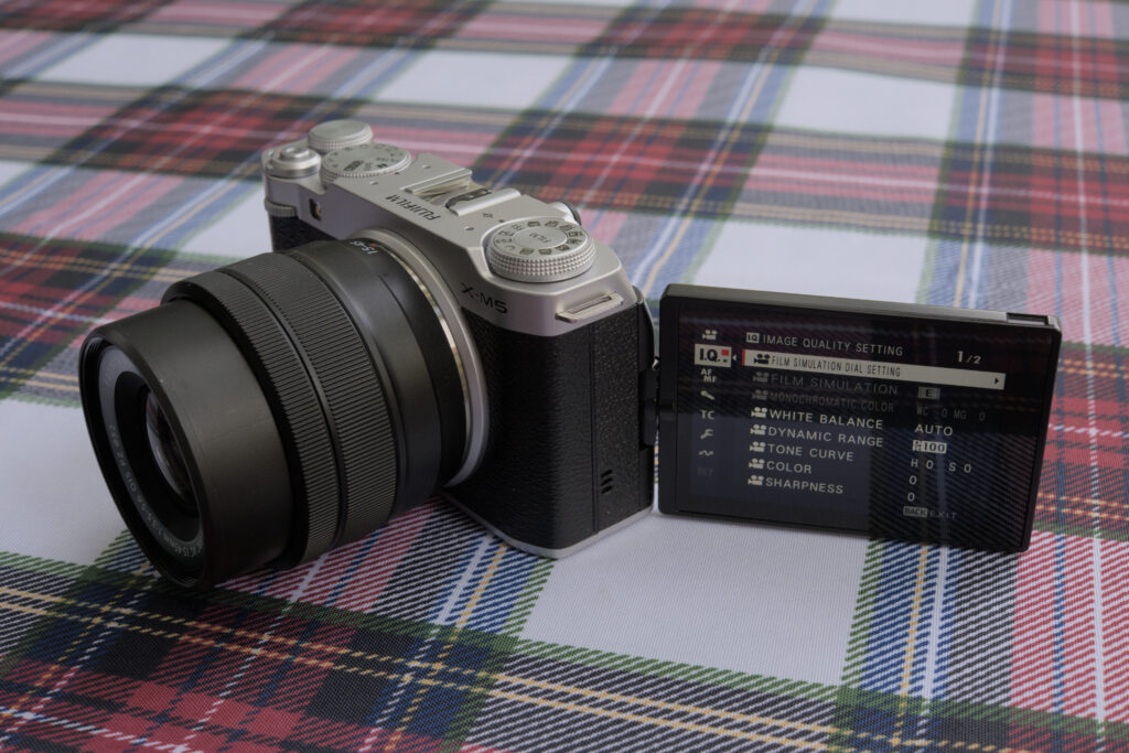 Fujifilm X-M5 with the XC15-45 with the screen tilted outwards