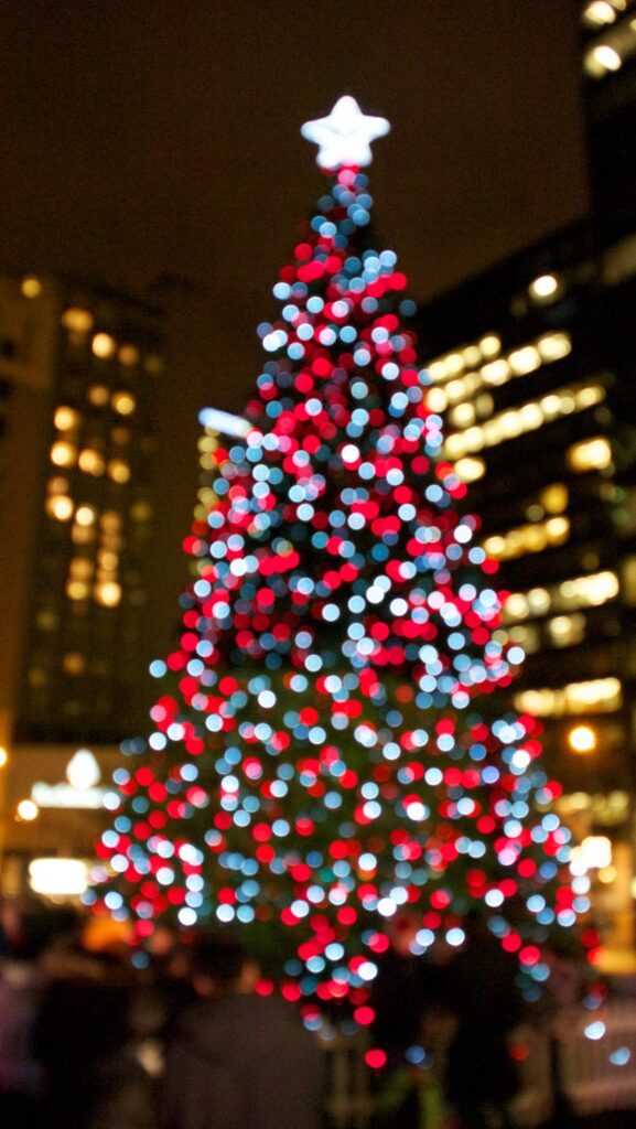 A night scene with the shape of a Christmas tree. Everything is out of focus but the Christmas tree is lit and all the light appear as fuzzy circles of colour. On the top a fuzzy star in white.
Behind tall building lit up are also completely out off focus, everything creating an "impressionist" effect.